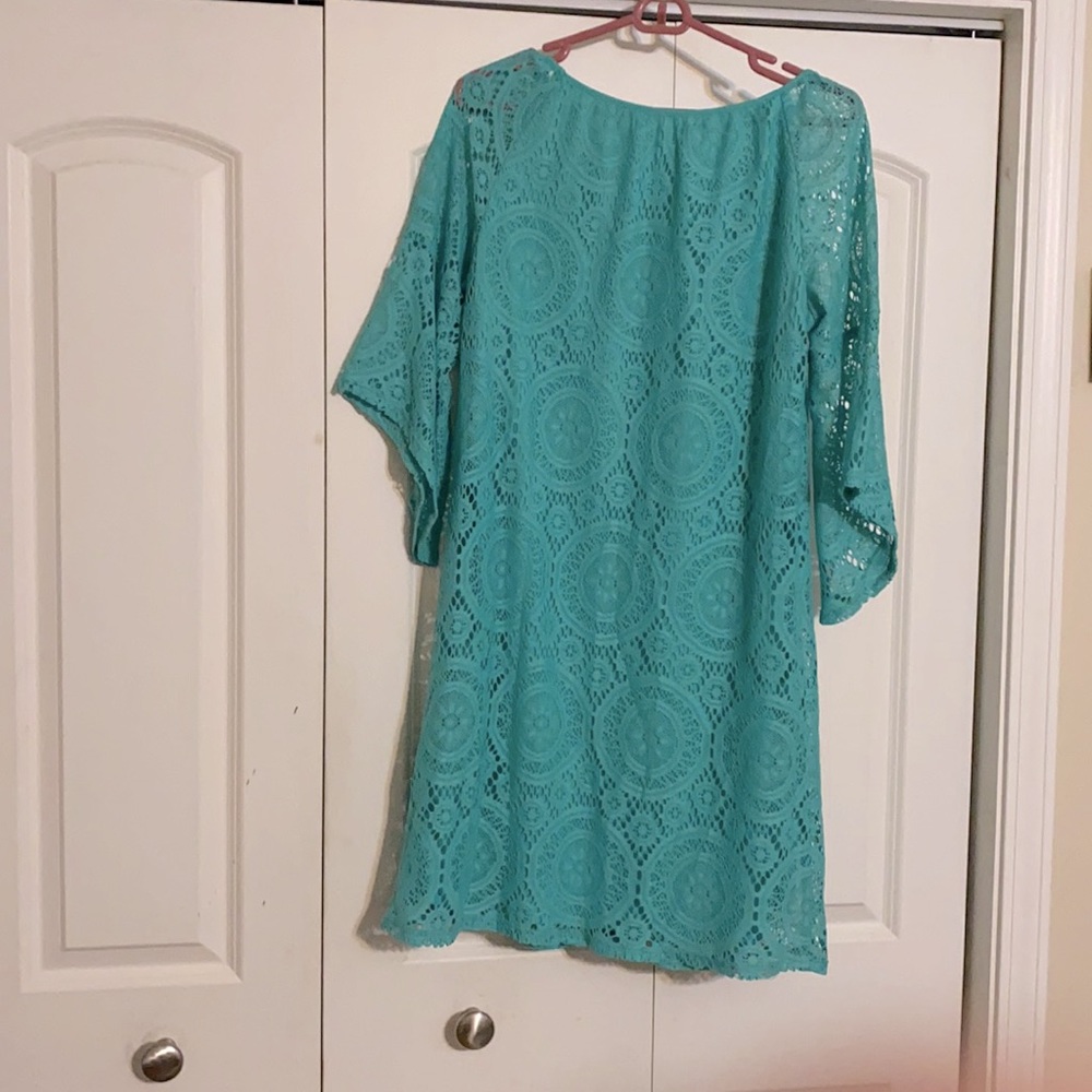 Aquamarine lace dress with flare sleeves